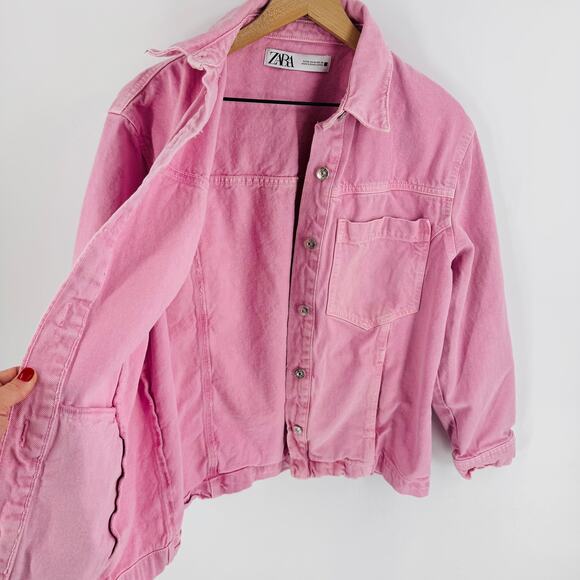 Zara Pink Denim Jacket Button Front Oversized Shacket Style USA Medium - Picture 6 of 7
